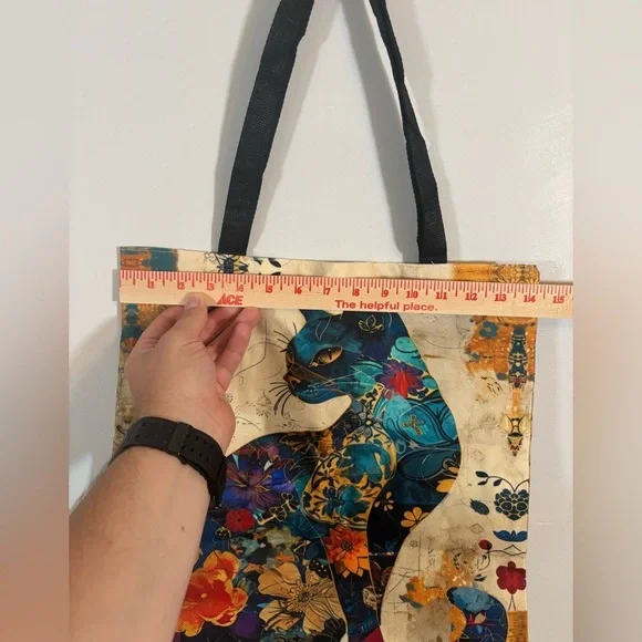 Colorful Cat Art Tote Bag – 16” x 15” Reusable Canvas Shoulder Bag - Picture 5 of 8